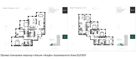 Пример планировок квартир в башне «Альфа» дизайнерского дома ELEVEN