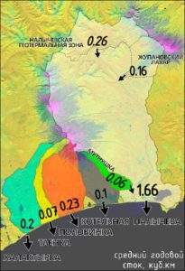 Рис1. Схема притоков и годовой сток в Авачинский залив. Разными цветами показаны разные водосборы рек-притоков